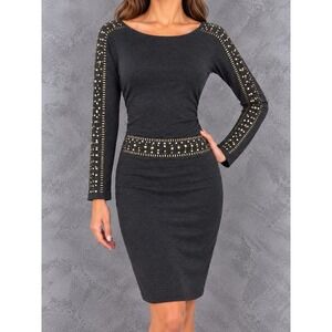 Cache Studded Bodycon Dress Womens Medium Gray Y2K Dark Glam Goth Embellished